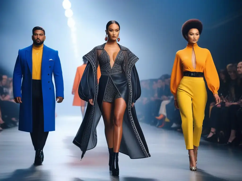 Desfile de moda diverso y empoderado en ciudad futurista Desfile de moda diverso y progresista desafiando estándares