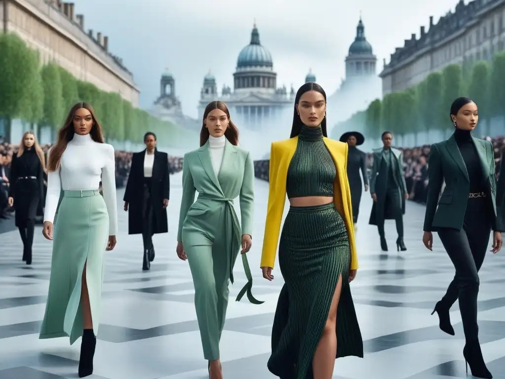 Desfile de moda sostenible: innovación y diversidad en la pasarela Un desfile de moda diverso y sostenible en una ciudad futurista, con modelos elegantes y seguros
