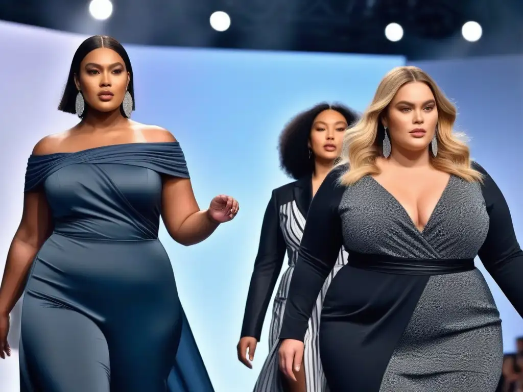 Desfile de moda eco para tallas grandes: diversidad y empoderamiento Desfile de moda ecoconsciente tallas grandes inclusiva con modelos empoderadas y radiantes en pasarela moderna