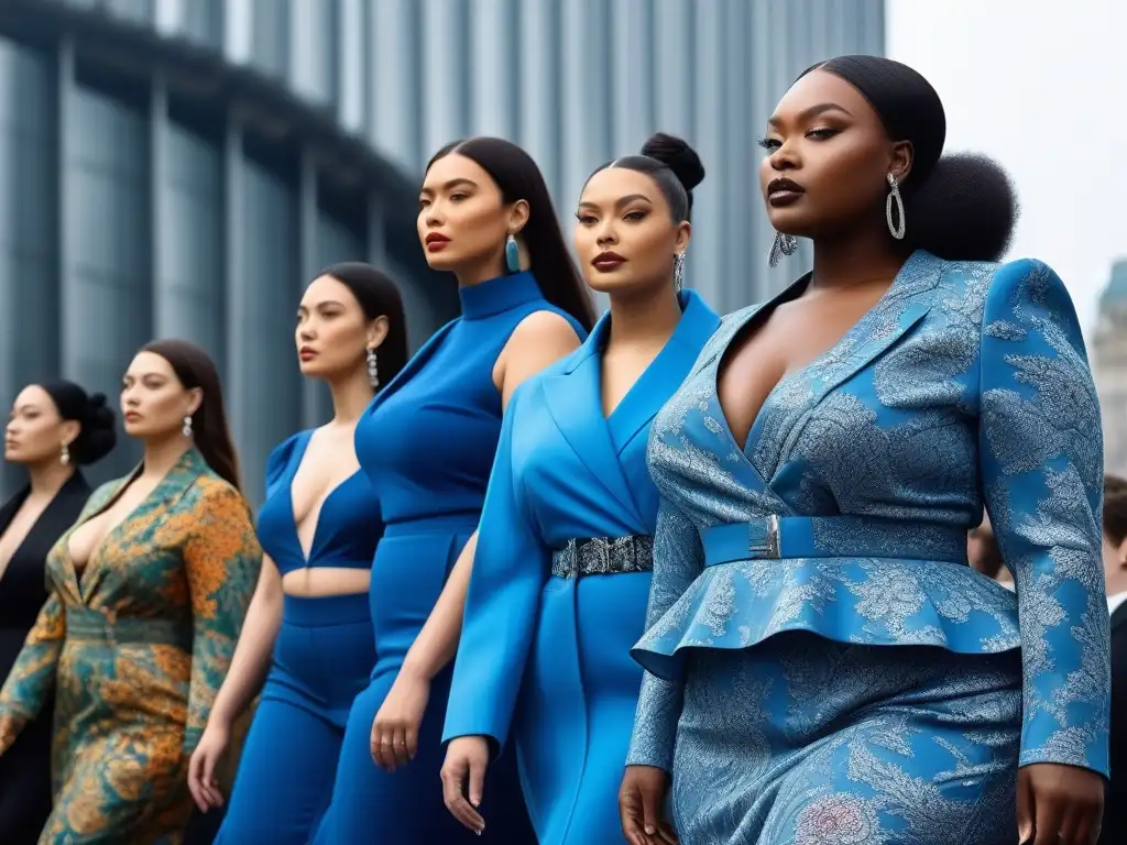 Desfile moda eco: modelos plus size, empoderamiento y diversidad Desfile de moda ecoconsciente tallas grandes inclusiva en una pasarela futurista