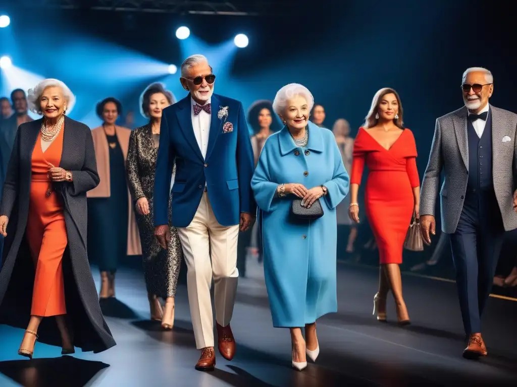 Desfile de moda senior: Elegancia y diversidad en la pasarela Desfile de moda con seniors elegantes y diversos, iluminados por luces de pasarela