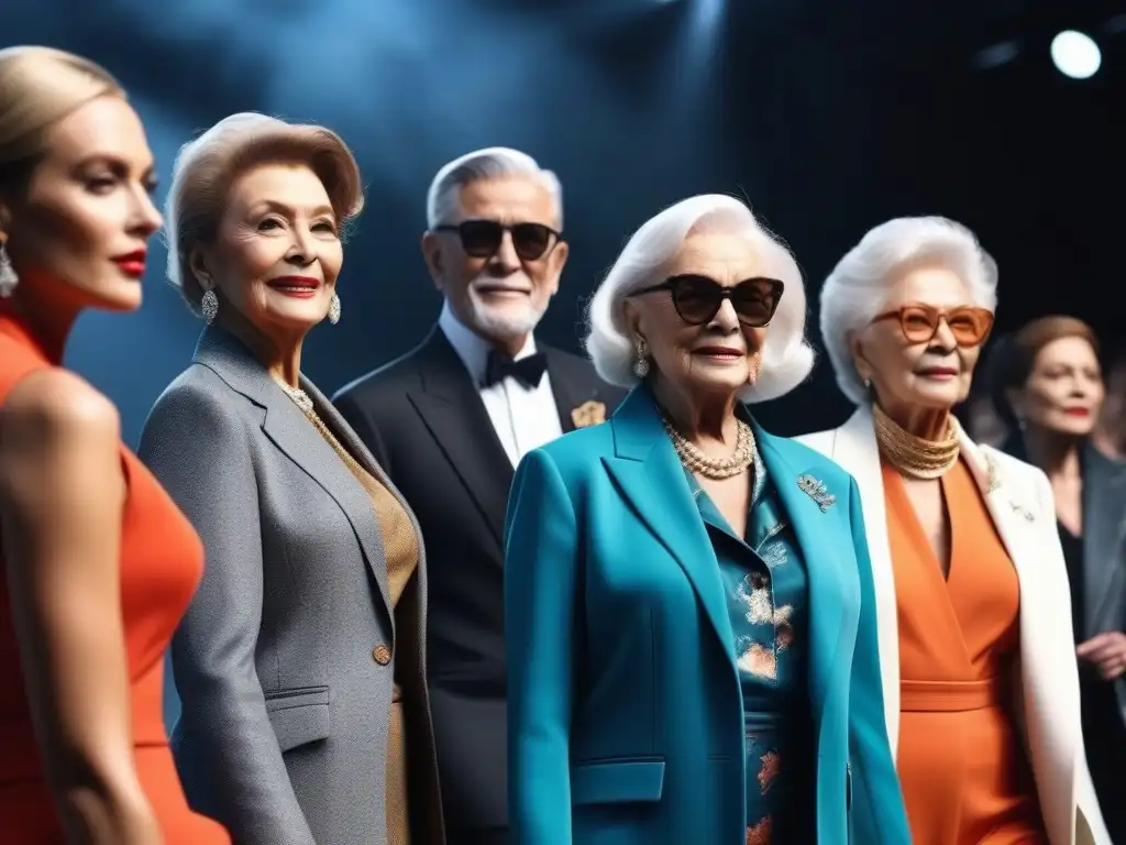 Desfile de moda senior: elegancia y diversidad en la pasarela Desfile de moda con seniors elegantes y seguros, irradiando gracia y diversidad en la pasarela