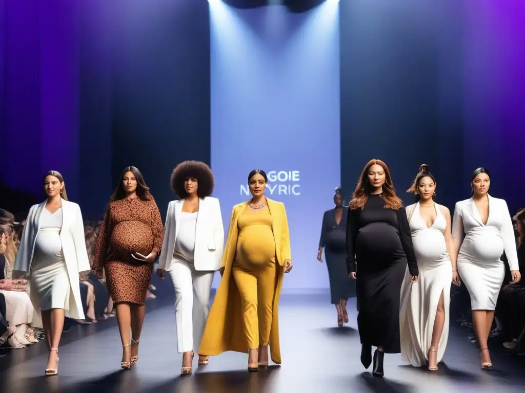 Diseños de maternidad inclusivos: desfile revolucionario Desfile de moda con embarazadas de diferentes etnias y estilos, luciendo ropa de diseñadores inclusivos