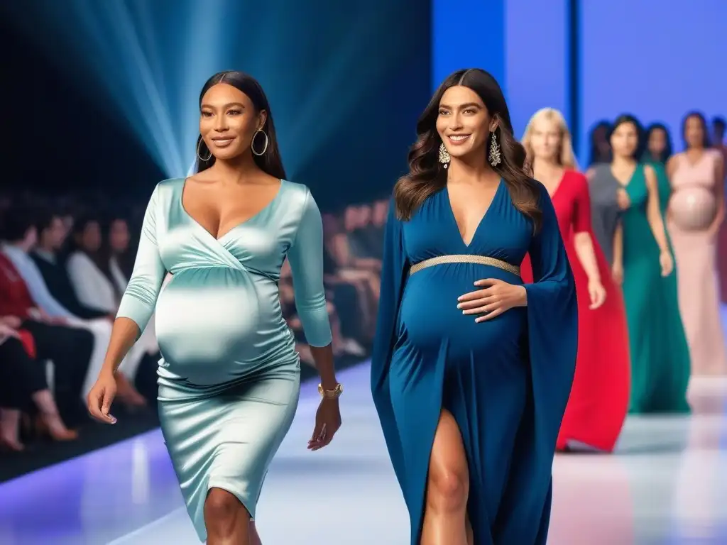 Desfile inclusivo: moda prenatal diversa y trendy en pasarela futurista Desfile de moda de embarazadas diversas luciendo tendencias de moda maternidad inclusiva en un escenario futurista y chic