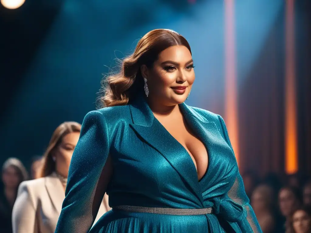 Desfile de moda plussize: empoderamiento y estilo en la pasarela Desfile de moda plus size empoderamiento femenino con mujeres seguras y sonrientes en la pasarela