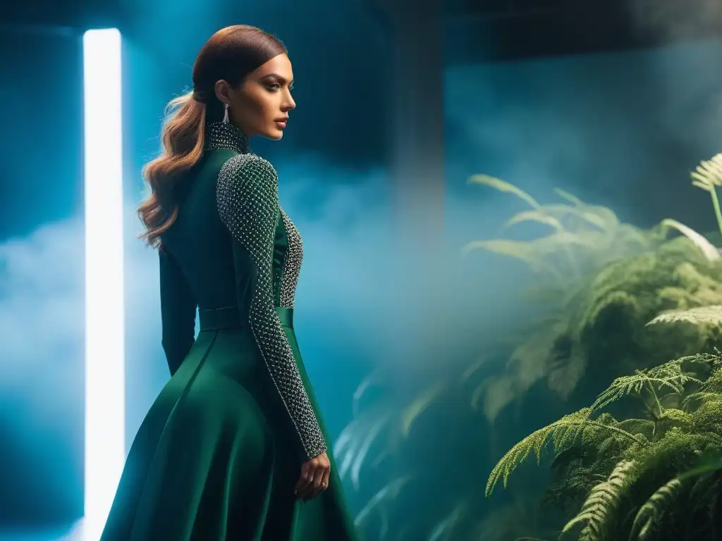 Desfile de moda vegana y sostenible: fusión de naturaleza y tecnología Un desfile de moda ética certificada con prendas veganas innovadoras y vibrantes, fusionando naturaleza y tecnología