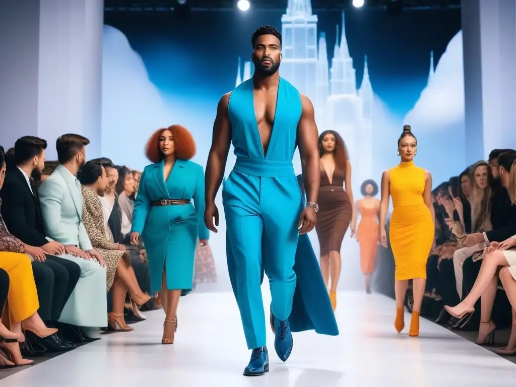 Moda ética: desfile inclusivo y vibrante en la ciudad del futuro Desfile de moda ética diversa y inclusiva con modelos seguros de sí mismos, luciendo diseños innovadores en una pasarela futurista