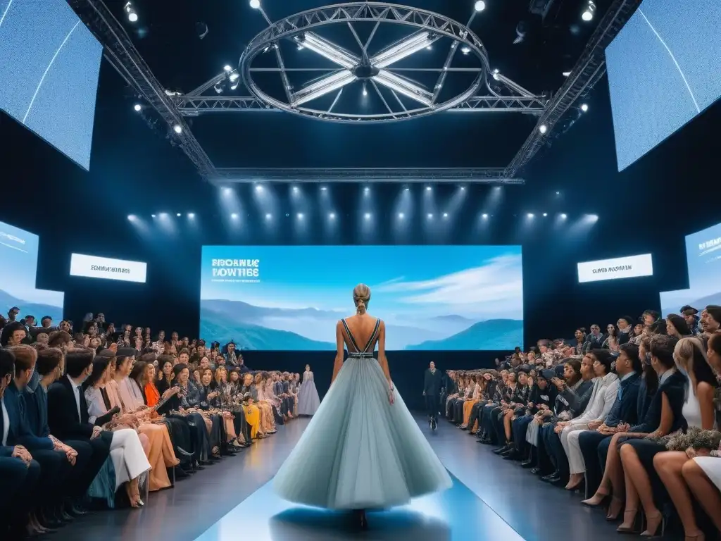 Pasarela futurista de moda sostenible y reciclada Desfile de moda futurista con certificaciones moda reciclada sostenible