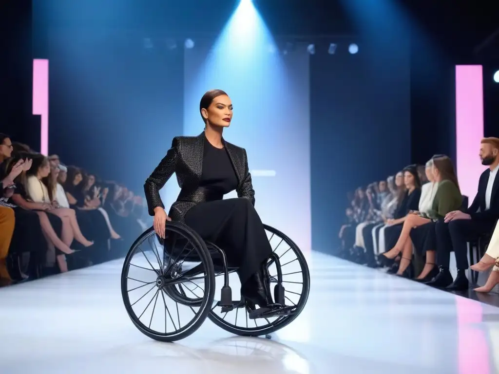 Diseñador de moda inclusiva y futurista en pasarela innovadora Un desfile de moda futurista con diseñadora ajustando tejidos adaptativos para moda inclusiva en modelos diversos