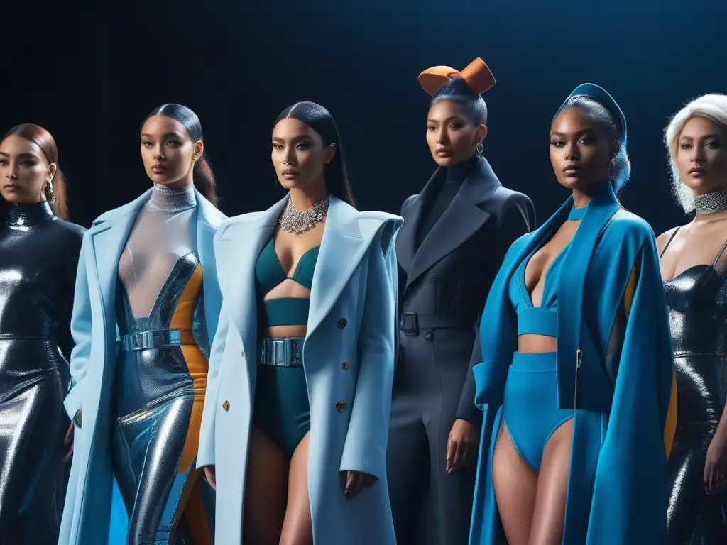 Desfile inclusivo: moda diversa en pasarela futurista Desfile de moda futurista con estudiantes diversos presentando diseños únicos