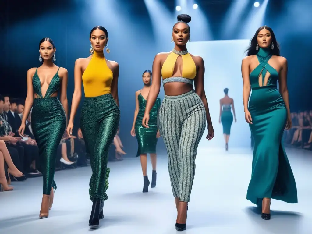 Desfile de moda inclusivo: Celebrando la diversidad de cuerpos Desfile de moda futurista con modelos diversos exhibiendo sus atuendos únicos, ilustrado con técnicas de ilustración moda cuerpos diversos