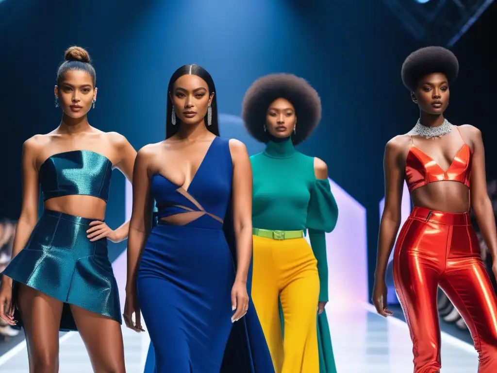 Moda para altos: Desfile futurista y elegante Un desfile de moda futurista con modelos altos luciendo elegantes diseños inclusivos