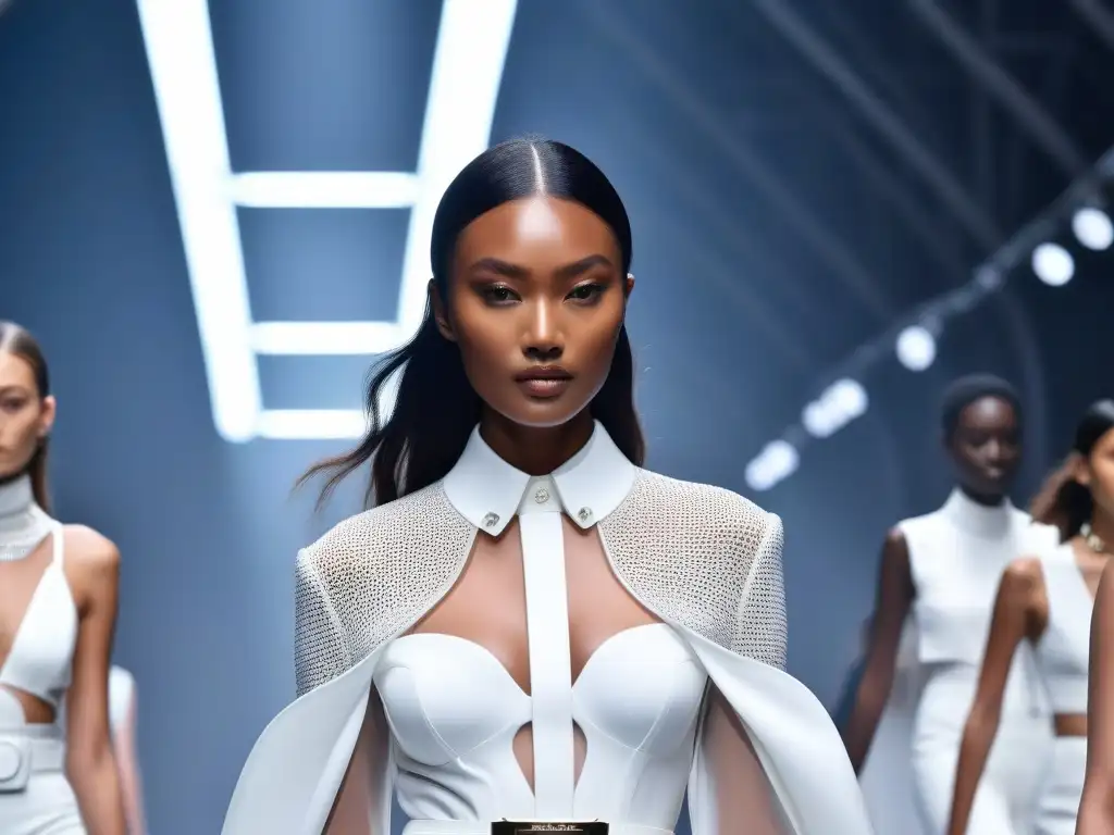 Desfile futurista: moda inclusiva con tecnología wearable de alta gama Un desfile de moda futurista con modelos y tecnología wearable premium