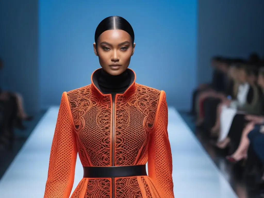 Desfile futurista: moda inclusiva y vanguardista con tecnología 3D Desfile de moda futurista con modelos diversos empoderados, luciendo prendas 3D en un ambiente vanguardista