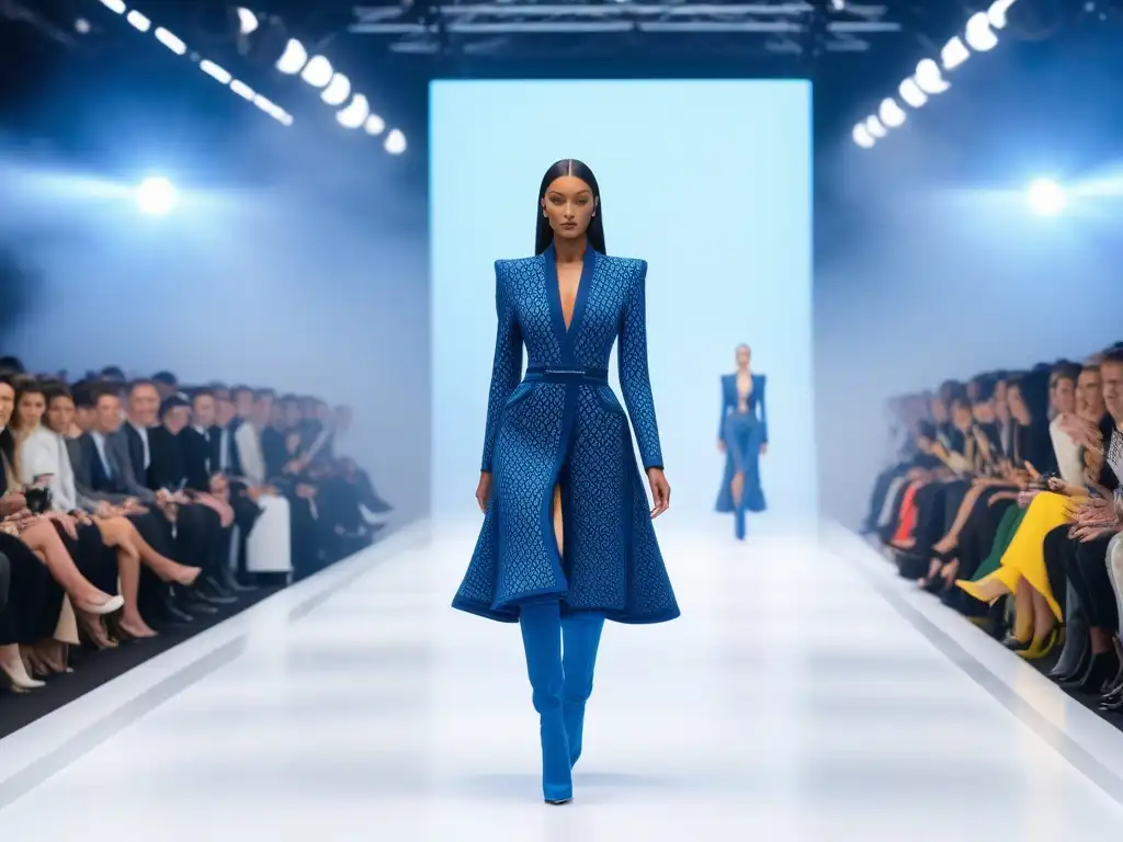 Pasarela futurista: moda 3D ecofriendly en un mundo digital Desfile de moda futurista con modelos en prendas ecológicas de impresión 3D, fusionando tecnología y sostenibilidad