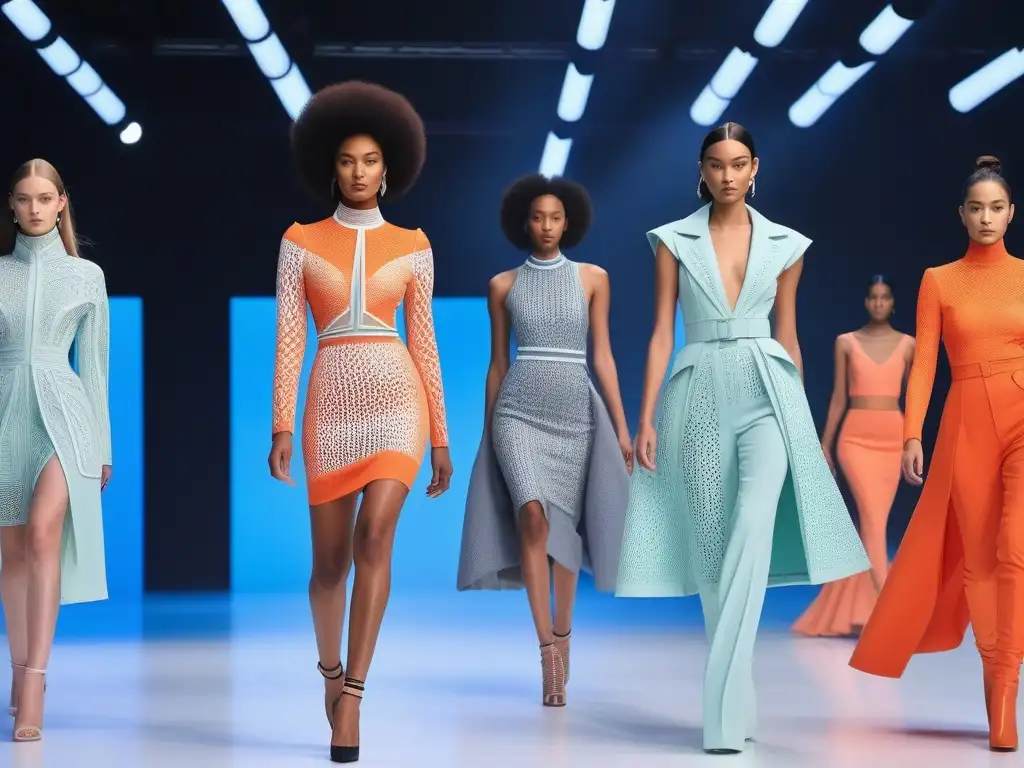Moda futurista: Pasarela 3D con diseño vanguardista Desfile de moda futurista con modelos luciendo prendas de diseño 3D, destacando la reducción de desperdicios en la industria