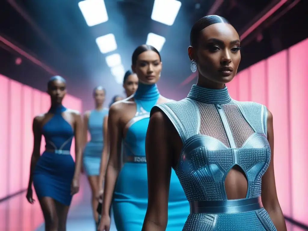Desfile futurista de moda para altos: confianza y estilo Desfile de moda futurista con modelos altos mostrando diseños vanguardistas para cuerpos diversos