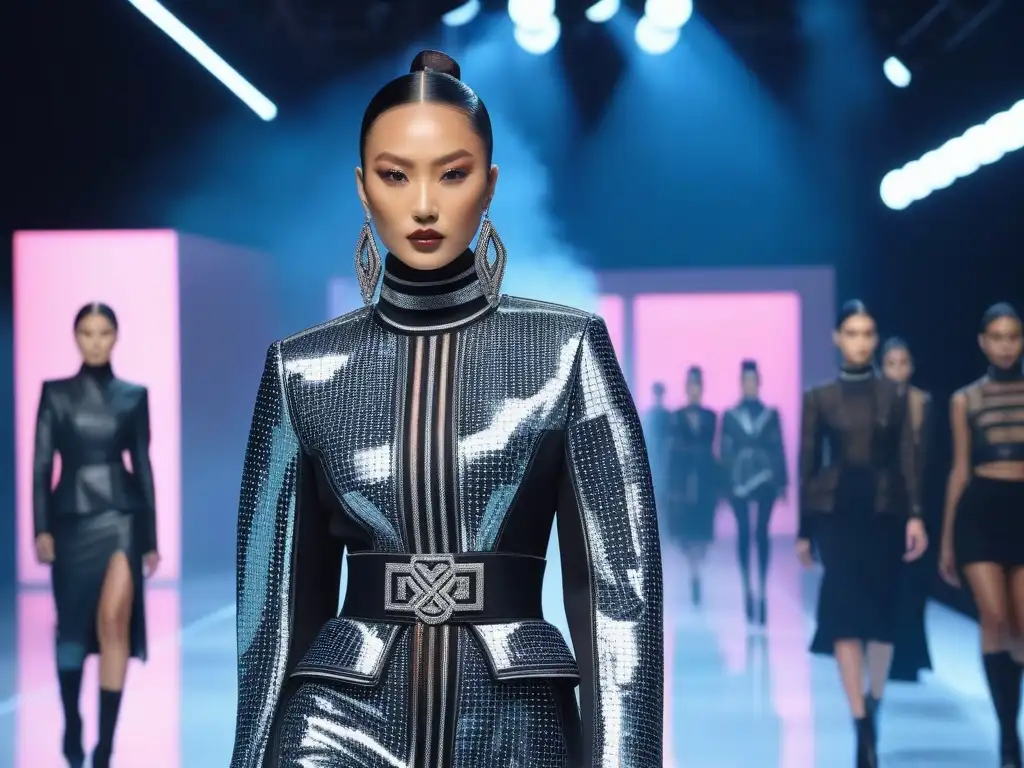 Desfile futurista de moda con modelos diversos y referencias pop Desfile de moda futurista con modelos diversos en prendas lujosas inspiradas en la cultura pop, rodeados de hologramas de íconos famosos