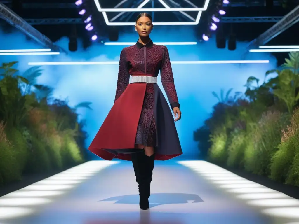 Desfile de moda futurista: diversidad y sostenibilidad en vibrantes colores Desfile de moda futurista con modelos diversos luciendo tejidos sostenibles en colores vibrantes