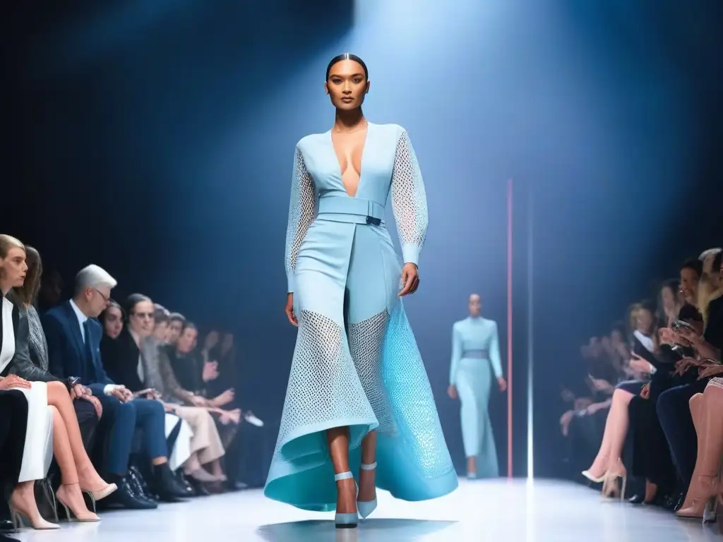 Desfile de moda futurista con telas adaptables y modelos diversos Desfile de moda futurista con modelos usando tejidos adaptativos en prendas inclusivas y sostenibles