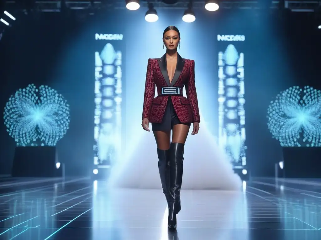 Desfile de moda futurista con Big Data holográfico Desfile de moda futurista con modelos y visualizaciones de Big Data en tendencias de moda