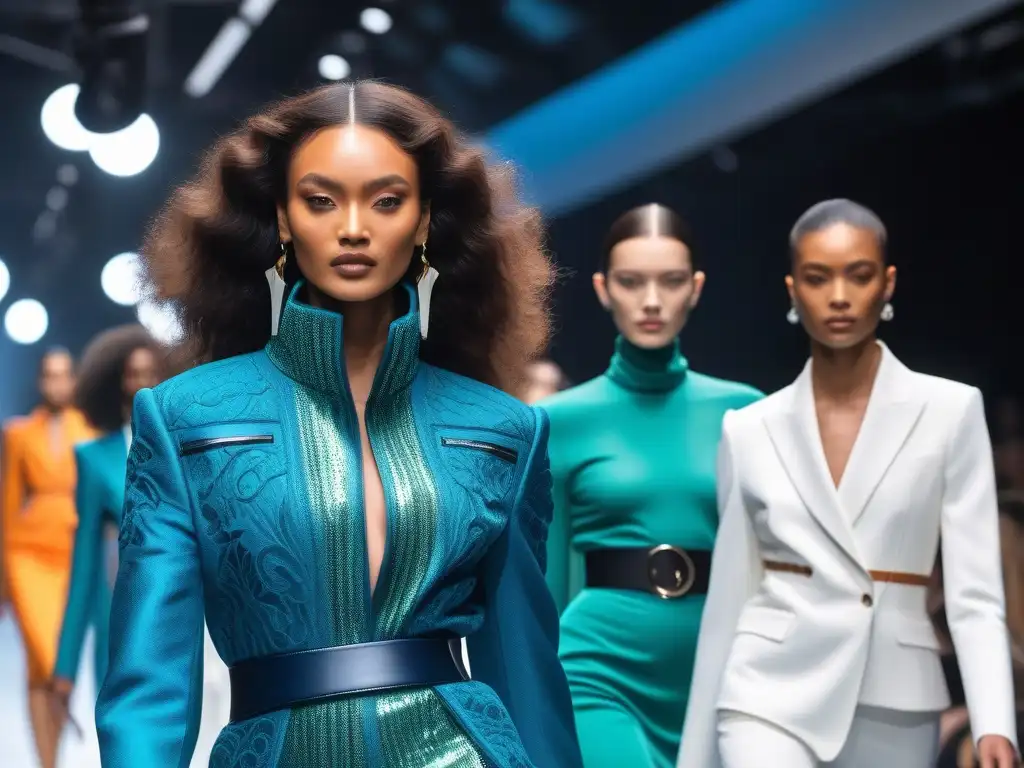 Desfile inclusivo y vanguardista: moda cultural y futurista en pasarela Un desfile de moda futurista con modelos diversos desfilando con atuendos innovadores y culturales
