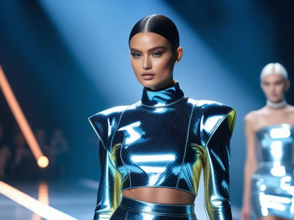 Desfile futurista: moda 3D y tecnología en un escenario de ensueño Desfile de moda futurista con impresión 3D y personalización