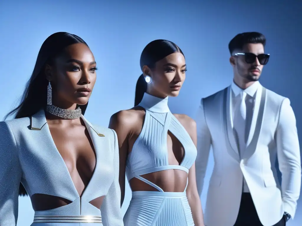 Moda tecnológica premium: diversidad y elegancia en pasarela Un desfile de moda futurista con wearables premium, modelos diversos en una pasarela elegante