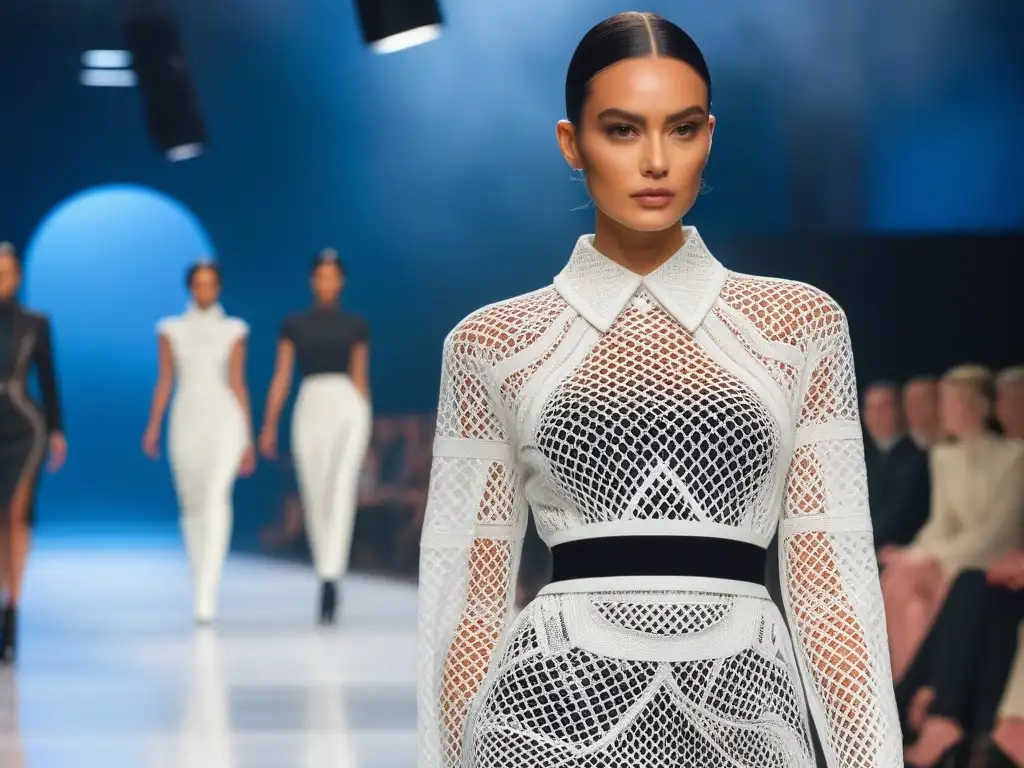 Desfile futurista de moda sostenible en 3D con iluminación etérea Desfile de moda futurista con prendas sostenibles impresión 3D y audiencia cautivada