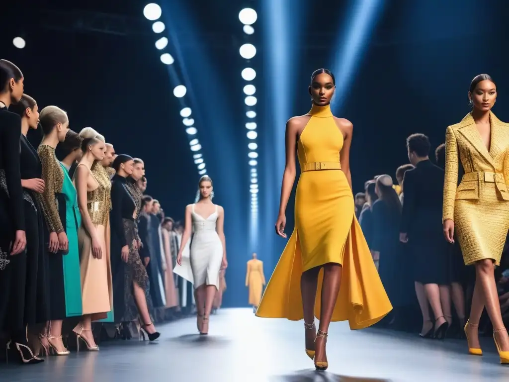 Desfile de moda inclusivo y vanguardista en pasarela futurista Desfile de moda futurista con tendencias inclusivas en la moda