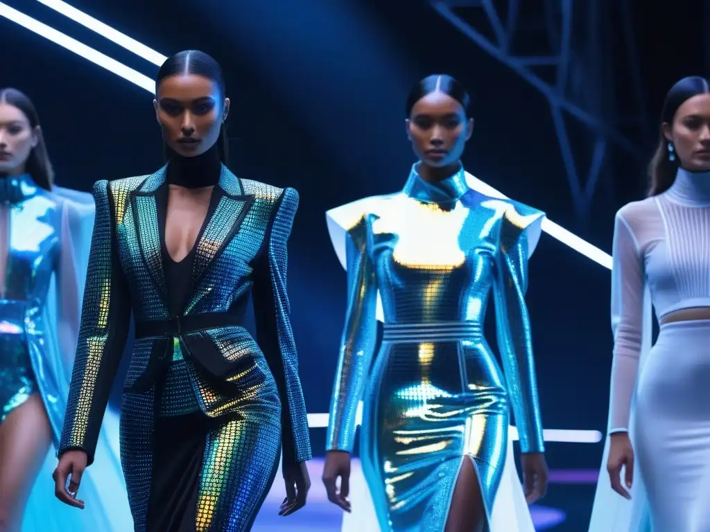 Desfile de moda futurista con tecnología wearable avant-garde Desfile de moda del futuro autoreparable wearable con tecnología vanguardista