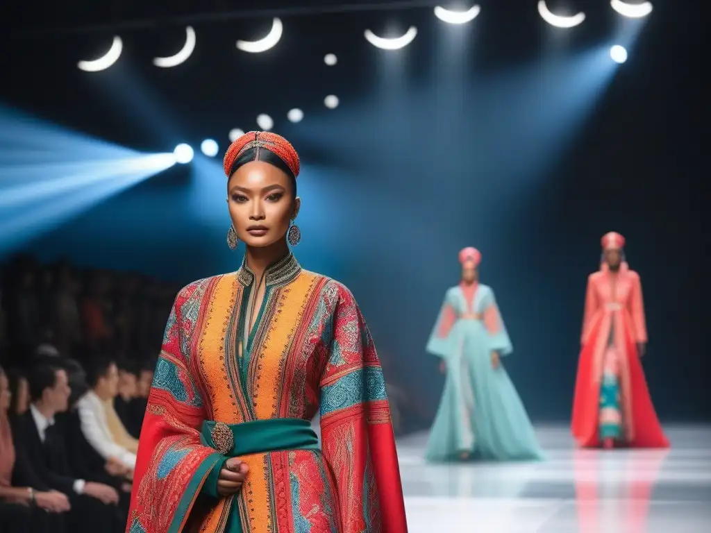 Desfile multicultural: moda tradicional y moderna fusionadas Desfile de moda global con diversidad cultural y coloridos atuendos tradicionales en una pasarela futurista