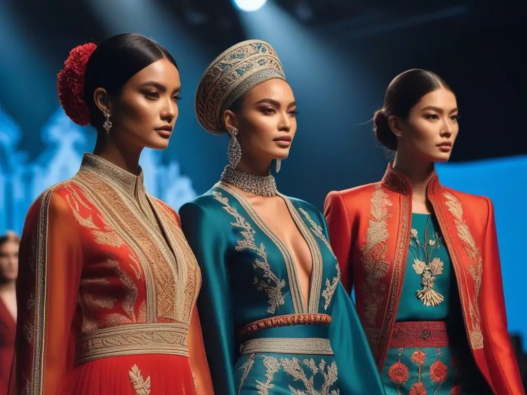 Desfile de moda multicultural: fusión de tradiciones y tendencias modernas Desfile de moda global con diversidad étnica, modelos lucen prendas tradicionales y modernas
