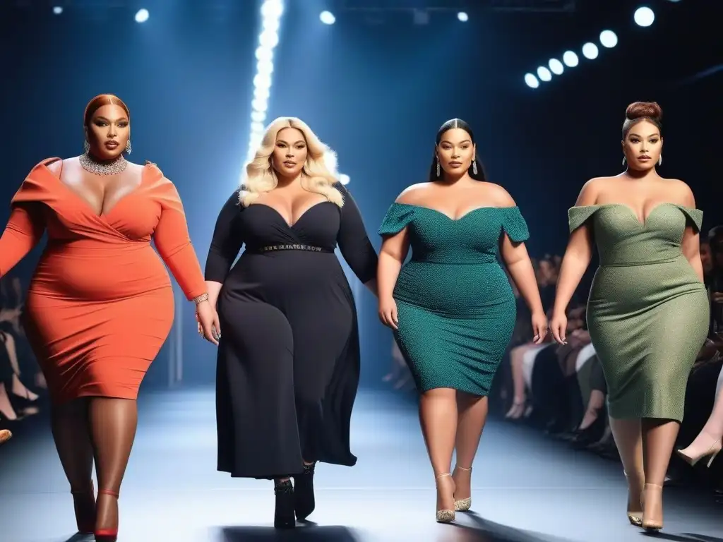 Desfile de moda plussize: empoderamiento y estilo en la pasarela Un desfile de moda histórico con modelos plus size confiadas luciendo diseños de diversas épocas
