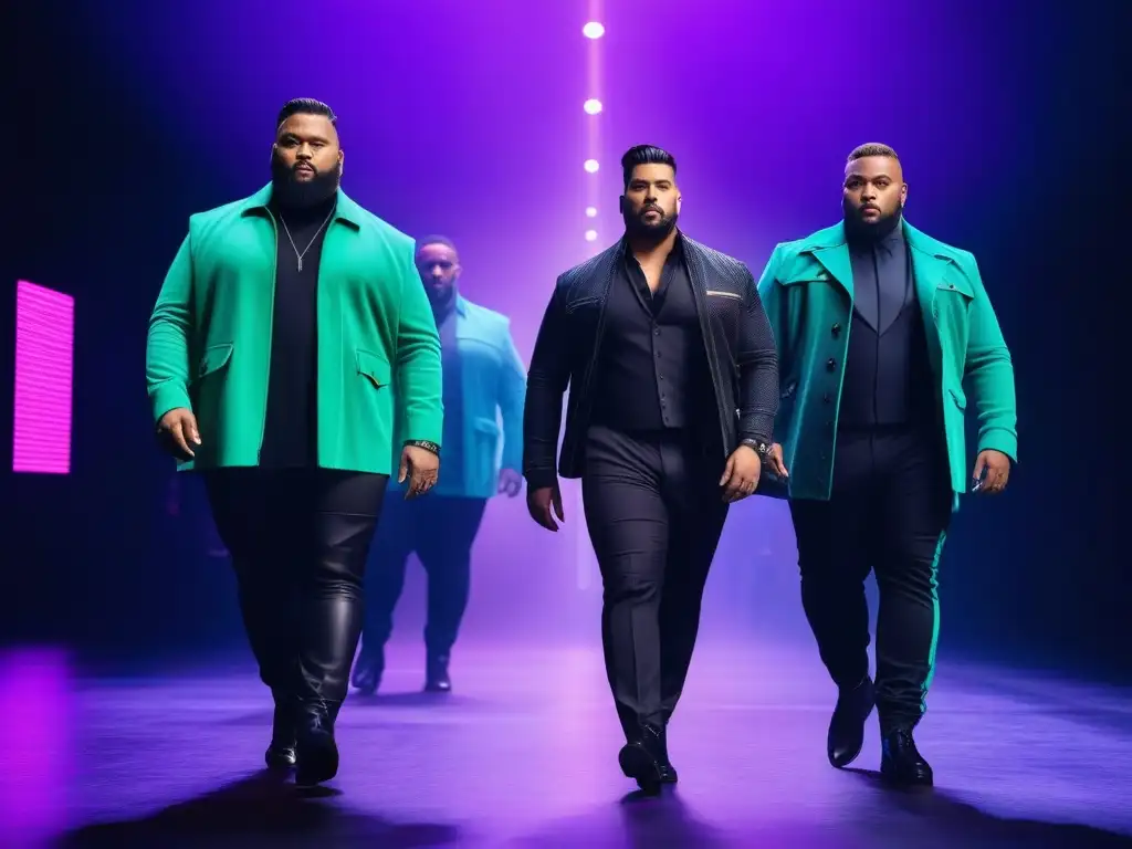 Desfile de moda plussize masculina en pasarela futurista Desfile de moda para hombres de talla grande con modelos seguros y estilosos en una pasarela futurista con luces neón y pantallas digitales