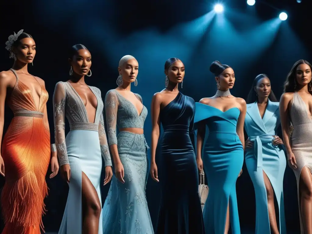 Desfile de moda inclusivo con modelos seguros en pasarela brillante Un desfile de moda impactante que desafía estereotipos con modelos seguras y diversas en un escenario moderno y luminoso