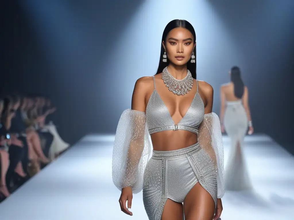 Desfile futurista: Accesorios de lujo en diversidad y elegancia Desfile de moda inclusiva con accesorios de lujo de marcas variadas, modelos diversos caminando confiados en pasarela futurista