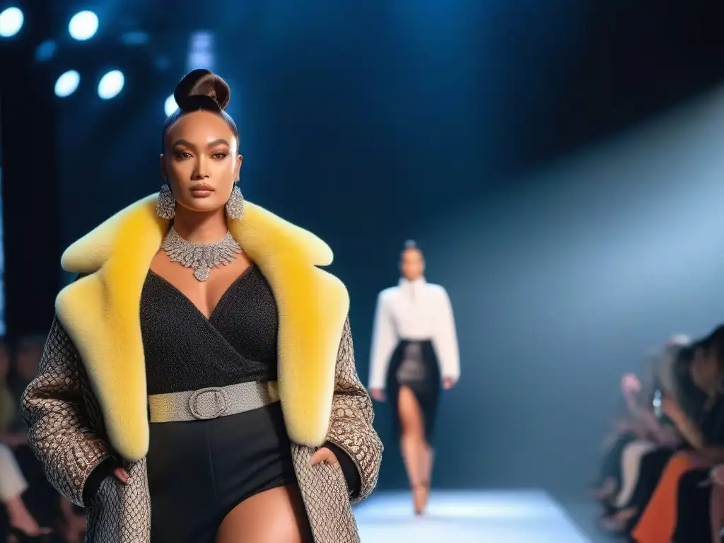 Desfile de moda inclusivo: influencers diversos en pasarela de lujo Desfile de moda inclusiva alta gama diversidad: influencers seguras desfilan con estilo único en una pasarela moderna y elegante