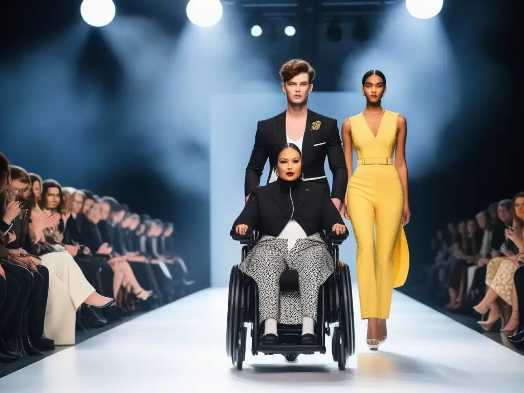Moda inclusiva: Desfile innovador de prendas adaptativas Un desfile de moda inclusiva y atractiva con diseños adaptativos, donde modelos variados lucen prendas innovadoras en una pasarela futurista