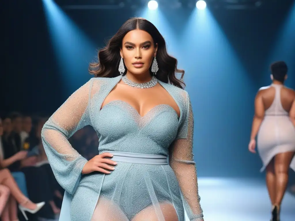 Desfile de moda inclusivo: Celebrando la diversidad de cuerpos con estilo Desfile de moda inclusiva para potenciar autoestima con modelos diversos luciendo outfits elegantes en una pasarela chic y moderna