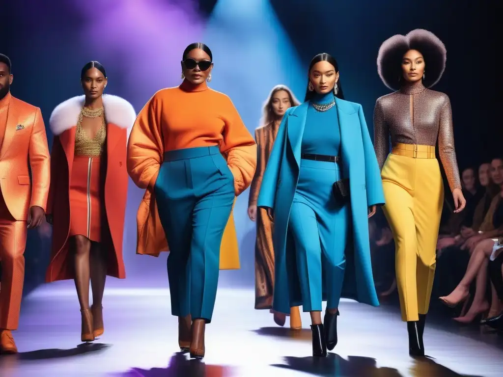 Desfile inclusivo: moda rompiendo estándares Un desfile de moda inclusiva redefiniendo belleza: modelos diversos lucen prendas elegantes en una pasarela vibrante y futurista