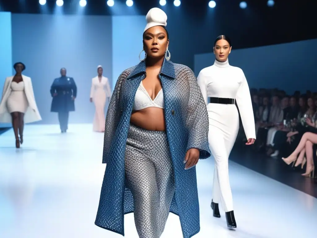 Desfile inclusivo: moda y empoderamiento Un desfile de moda inclusiva redefiniendo belleza: modelos con discapacidades lucen diseños vanguardistas en una pasarela futurista y empoderadora