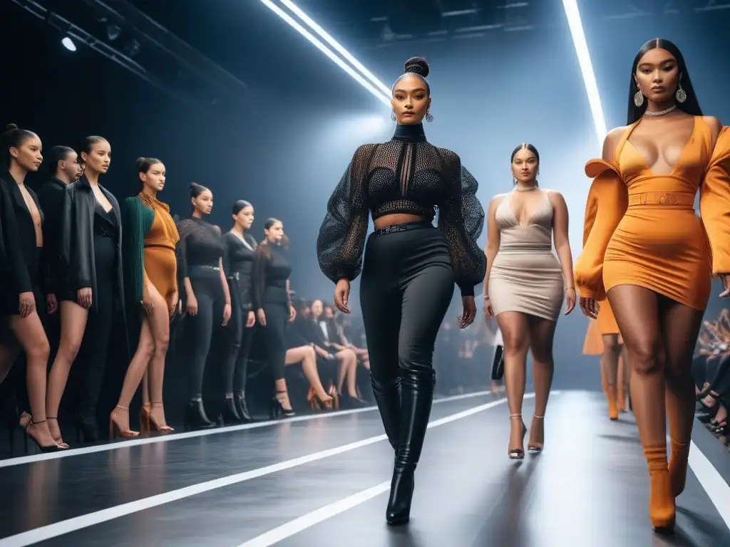 Desfile de moda inclusivo: diversidad y empoderamiento en la pasarela Un desfile de moda inclusiva y body positive con modelos diversos caminando con confianza, rodeados de admiradores