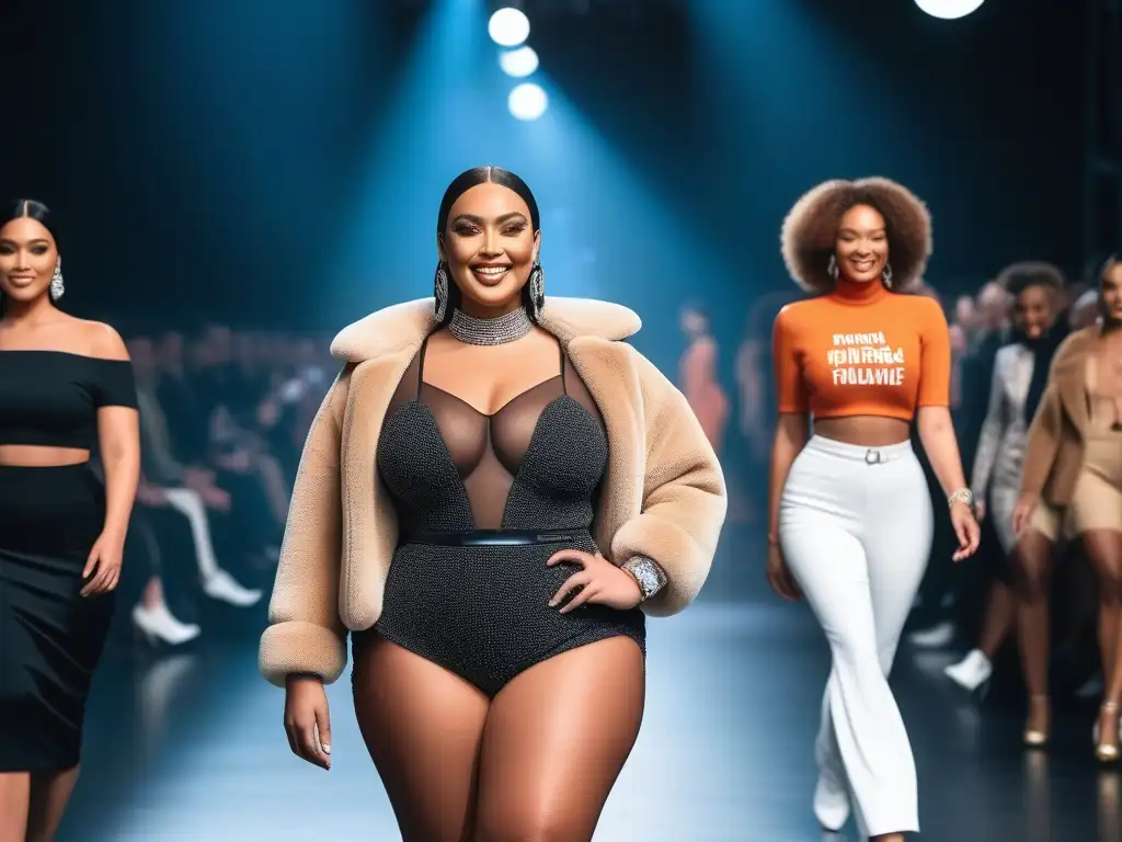 Desfile inclusivo: Celebrando la diversidad con moda y empoderamiento Desfile de moda inclusiva y body positive: modelos diversos sonrientes caminan confiados por la pasarela, rodeados de una multitud alentadora