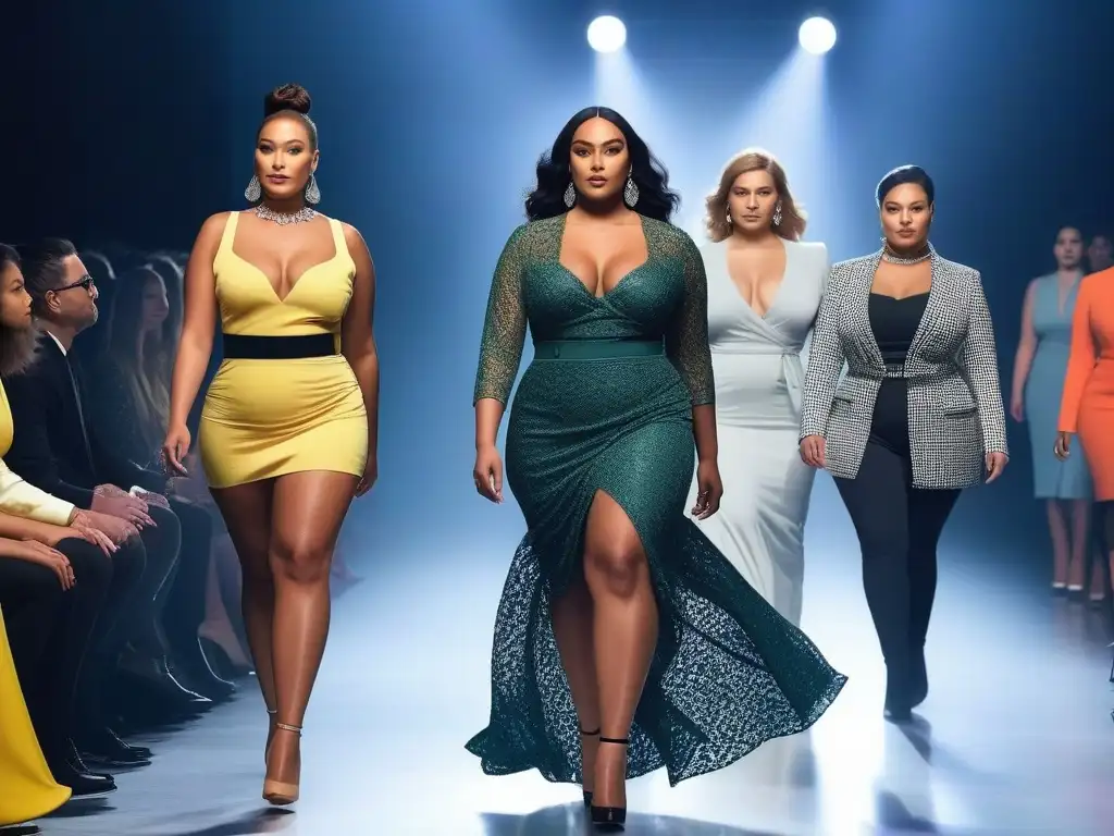 Desfile de moda inclusivo con diversidad de cuerpos y estilos Desfile de moda inclusiva con calidad y estilo, modelos seguros y elegantes desfilan en pasarela variada y moderna