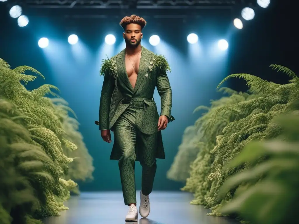 Desfile de moda ecofriendly con modelos diversos empoderados Desfile de moda inclusiva con certificaciones ecológicas en un entorno exuberante y diverso