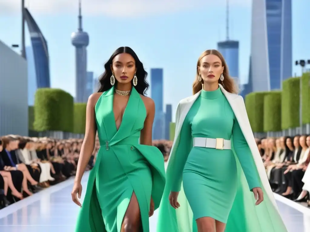 Desfile ecofriendly: moda sostenible con diversidad y estilo Desfile de moda inclusiva con certificaciones ecológicas en ciudad futurista