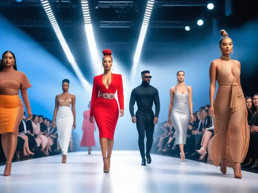 Moda sostenible: Pasarela inclusiva de modelos diversos Desfile de moda inclusiva con certificaciones ecológicas, diversidad de modelos en pasarela futurista