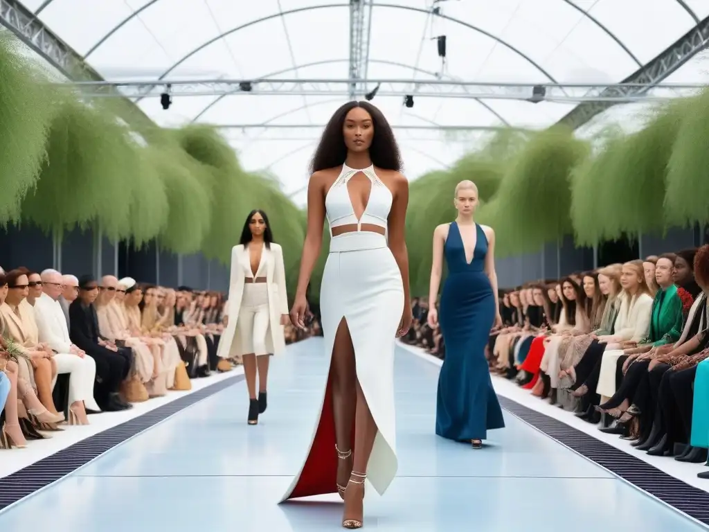 Desfile eco de moda diversa: sustentabilidad y inclusividad Desfile de moda inclusiva con certificaciones ecológicas, modelos diversos lucen prendas sostenibles en pasarela futurista