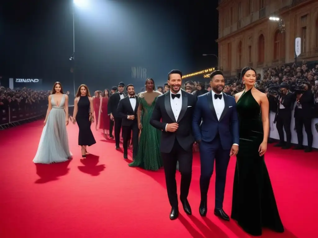 Estrellas de cine radiantes desfilan en alfombra roja Un desfile de moda inclusiva en cine y TV: actores y actrices diversos lucen elegantes en una alfombra roja, rodeados de cámaras y fans emocionados